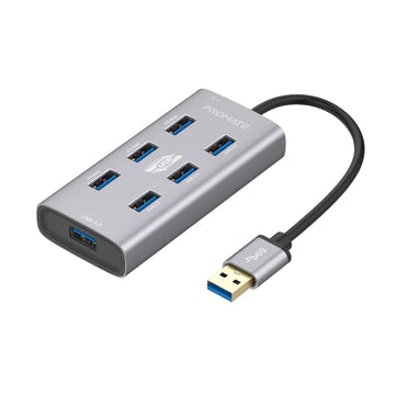 Promate EzHub-7 Aluminium Alloy Powered USB Hub • 7 USB 3.0 Ports • USB-C Adaptor • 5Gbps Transfer Rate • Data & Charge