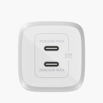 Belkin Dual 45W USB-C PD GaN Fast Charger with PPS, PD 45W max single port. PD 25W, PD 20W Dual Port