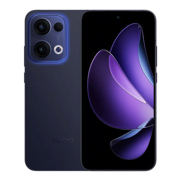 OPPO Reno13 5G dark blue smartphone with a 50MP triple camera, OLED punch-hole display, 512GB storage, and sleek illuminated camera module.