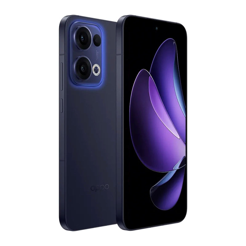 OPPO Reno13 5G dark blue smartphone with 50MP triple camera, OLED display, 512GB storage, and stylish illuminated camera design.