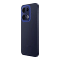 Angled back view of OPPO Reno13 5G in dark blue, showcasing a smooth matte finish, illuminated triple-camera setup, and sleek modern design.