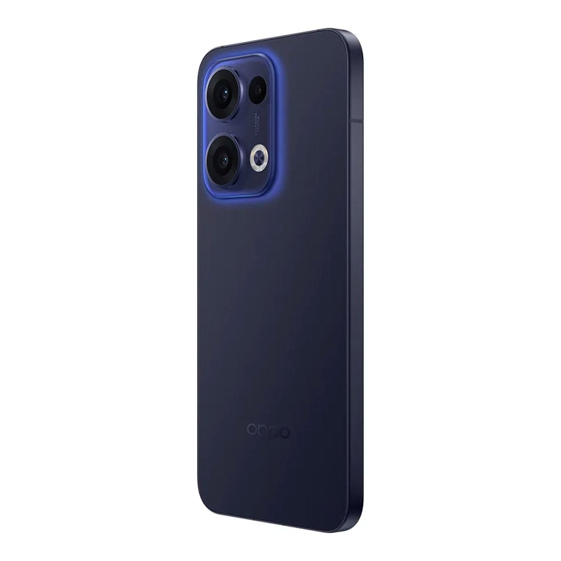 Angled back view of OPPO Reno13 5G in dark blue, showcasing a smooth matte finish, illuminated triple-camera setup, and sleek modern design.