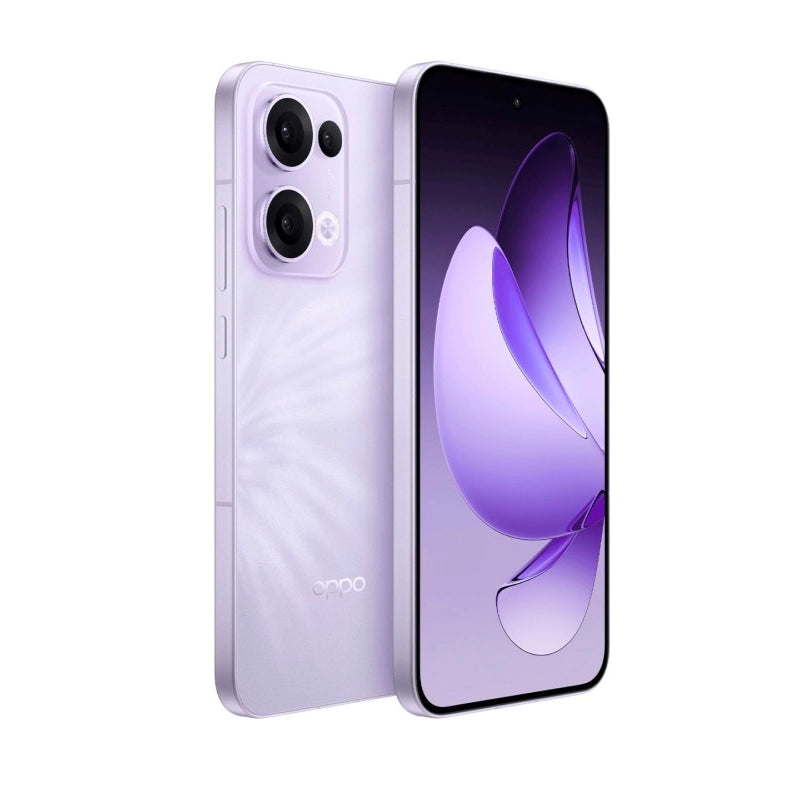 Angled front and back view of the OPPO Reno13 5G in purple, showcasing its sleek design, dual-camera setup, and curved display
