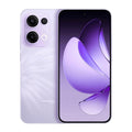 Dual view of the OPPO Reno13 5G in purple, showcasing the sleek glass back design with a triple-camera setup and a vibrant front display.