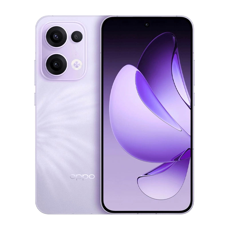 Dual view of the OPPO Reno13 5G in purple, showcasing the sleek glass back design with a triple-camera setup and a vibrant front display.