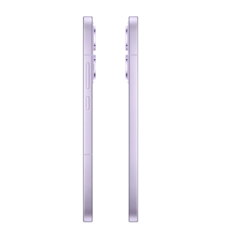 Side profile of the OPPO Reno13 5G in purple, highlighting its slim design, flat edges, and button placement.