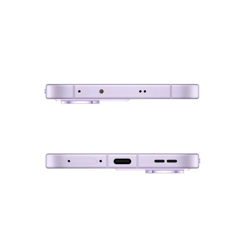 Top and bottom view of the OPPO Reno13 5G in purple, displaying the USB-C charging port, speaker grille, SIM tray, and headphone jack.
