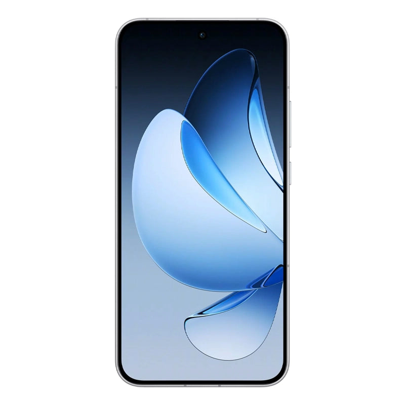 Front view of the OPPO Reno13 5G in white, showcasing its immersive display with a centered punch-hole camera and sleek design.