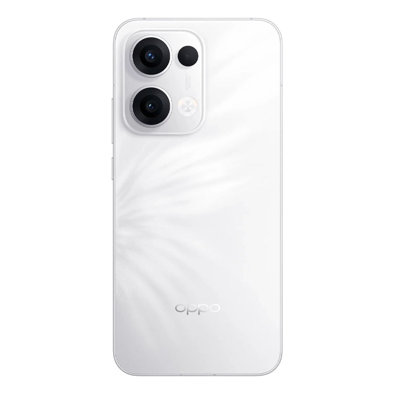 Back view of the OPPO Reno13 5G in white, showcasing its immersive display with a centered punch-hole camera and sleek design.