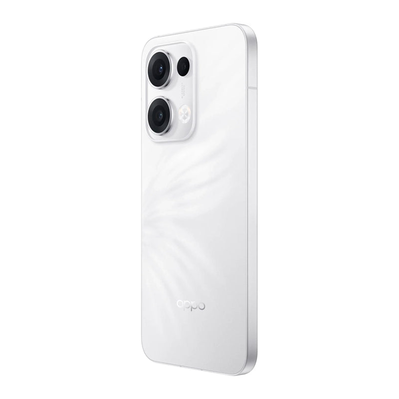 Angled rear view of the OPPO Reno13 5G in white, highlighting its triple-camera setup and sleek reflective design.