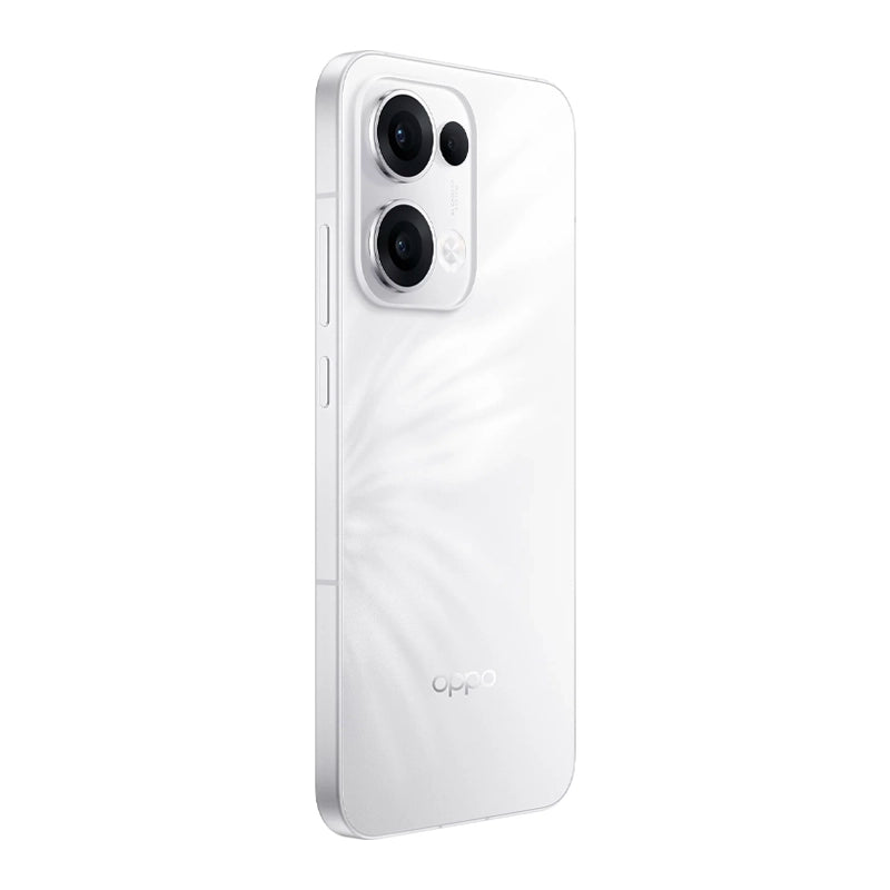 Side-rear angled view of the OPPO Reno13 5G in white, showcasing its slim profile, elegant finish, and triple-camera module.