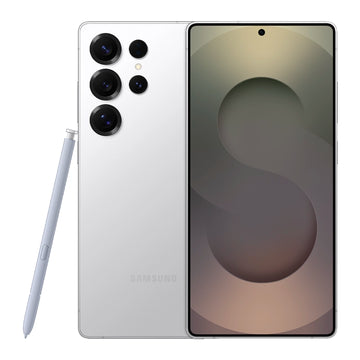 Samsung Galaxy S25 Ultra in titanium white silver showcasing its edge‑to‑edge front display alongside the textured rear quad‑lens camera array and S Pen stylus.