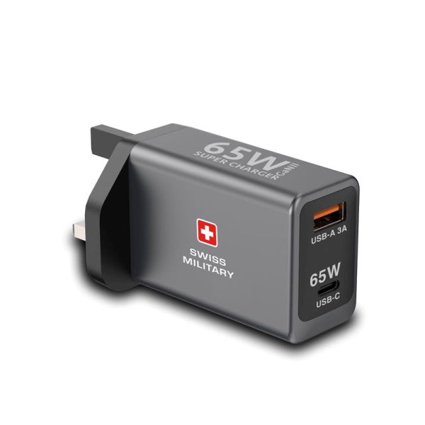 Swizz Military GaN Super Charger 65W with 2C and 1A Ports Premium Cable Supplied